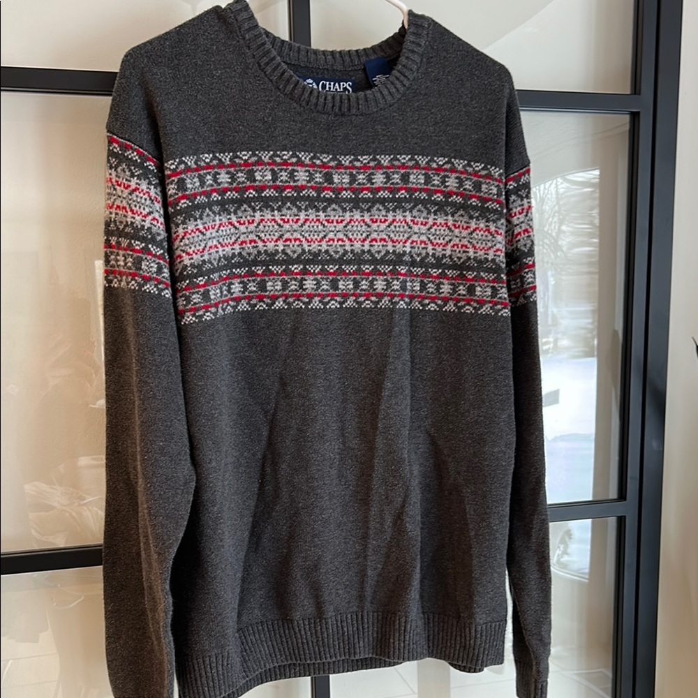 Chaps Gray and Red Crewneck Sweater with Fair Isle Pattern